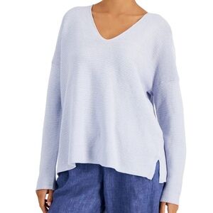 Eileen Fisher Organic Cotton & Linen Periwinkle V-Neck Ribbed Sweater